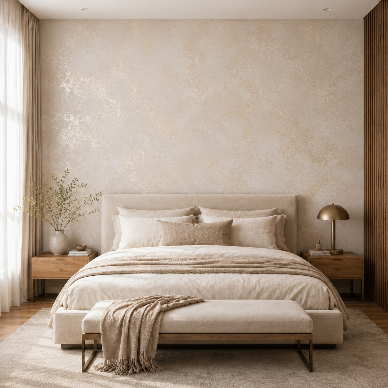 Elegant bedroom with an accent wall finished in Moonlight in warm beige with a delicate gold botanical frost pattern.