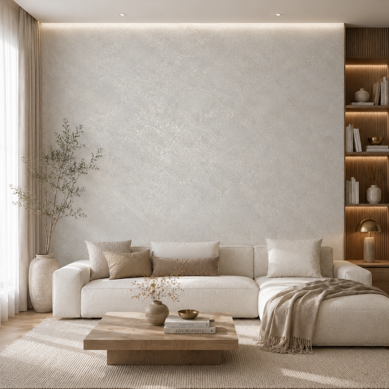 Bright, airy living room with an accent wall finished in Moonlight in soft off-white with a fine gold botanical shimmer.