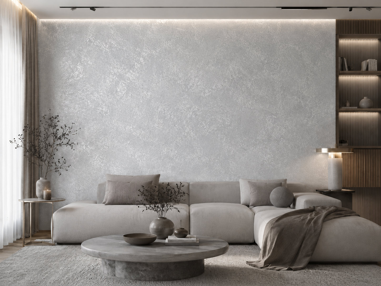 Contemporary living room with an accent wall finished in Moonlight in cool light grey with an all-over silver metallic texture. 