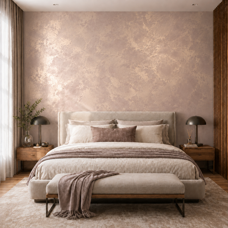 Romantic bedroom with an accent wall finished in Moonlight in dusty pink with golden metallic highlights. 