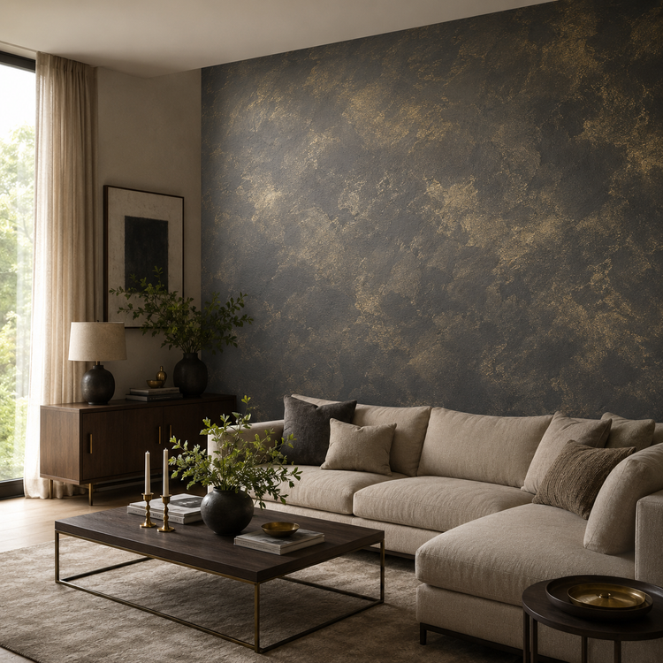 Living room with a dark accent wall finished in Moonlight decorative paint in charcoal with irregular golden metallic highlights creating an aged patina effect.