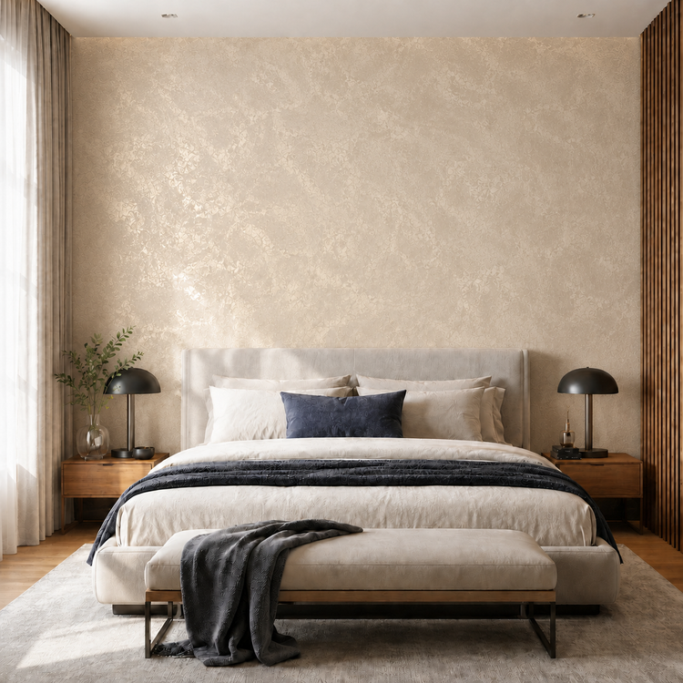 Elegant bedroom featuring an accent wall in warm beige finished in Moonlight decorative paint with a gold frost botanical pattern. 