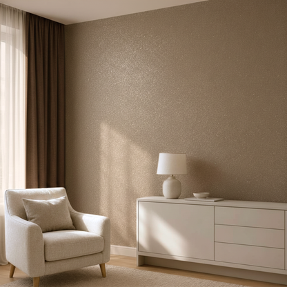 Warm beige glitter decorative paint accent wall in a sunlit modern living room.