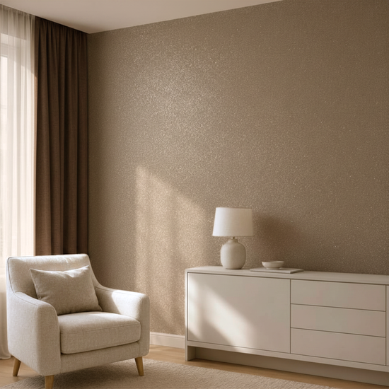 Warm beige glitter decorative paint accent wall in a sunlit modern living room.