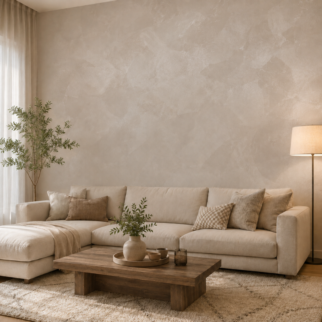 Warm greige wall with a decorative plaster finish, softly lit and textured.