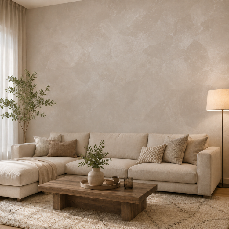 Warm greige wall with a decorative plaster finish, softly lit and textured.