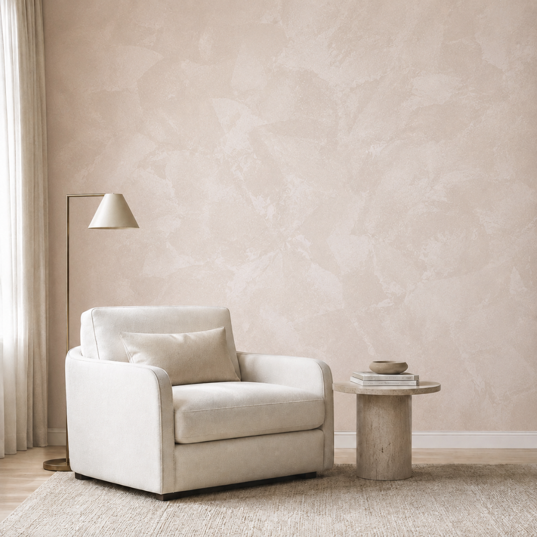 Dusty pink wall with a decorative plaster finish, showing a soft, uneven textured pattern.