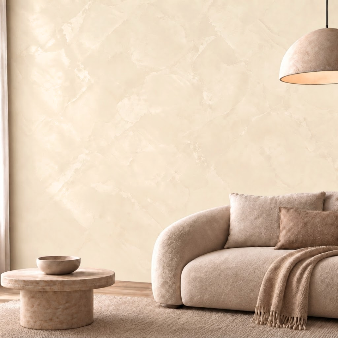 Cream wall with a decorative plaster finish, showing a soft, cloud-like textured pattern
