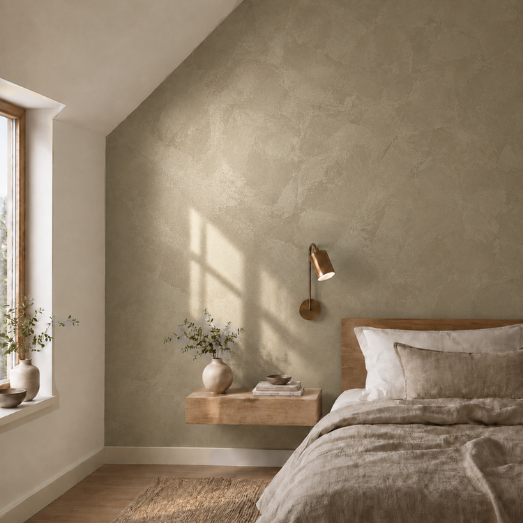Sage-green wall with a decorative plaster finish, softly lit by natural window light.